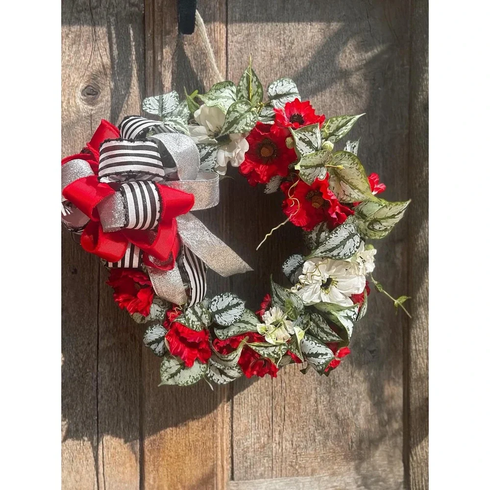 Colorful Spring Wreath; Faux Floral Door Accent; Red and White Wreath
